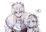  :d armor artoria_pendragon_(all) artoria_pendragon_(lancer) bangs blush book cloak crown eyebrows_visible_through_hair fang fate/apocrypha fate/stay_night fate_(series) fur_collar fur_trim green_eyes holding holding_book mordred_(fate) mordred_(fate)_(all) mother_and_daughter multiple_girls open_mouth petting sidelocks simple_background smile speech_bubble spot_color translation_request yorukun younger 