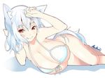  animal_ears artist_name bikini breasts cleavage fang fang_out halter_top halterneck hat huge_breasts inubashiri_momiji kabun_(suzuna_jct) legs looking_at_viewer lying on_side red_eyes side-tie_bikini signature simple_background smile solo swimsuit tail touhou white_bikini white_hair wolf_ears wolf_tail 