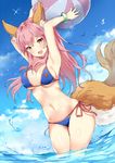  :d animal animal_ear_fluff animal_ears armpits arms_up ball bangs beachball bikini bird blue_bikini blue_sky blush bracelet breasts cloud commentary_request cowboy_shot day eyebrows_visible_through_hair fang fate/extra fate_(series) fox_ears fox_tail holding holding_ball indoors jewelry kaetzchen legs_together long_hair looking_at_viewer looking_back medium_breasts navel open_mouth pink_hair shiny shiny_skin side-tie_bikini sky smile solo standing swimsuit tail tamamo_(fate)_(all) tamamo_no_mae_(fate) tamamo_no_mae_(swimsuit_lancer)_(fate) transparent twitter_username wading water_drop yellow_eyes 