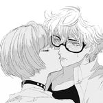  1girl amamiya_ren bad_id bad_pixiv_id bangs blunt_bangs blush bob_cut casual choker closed_eyes dress_shirt eyelashes glasses greyscale hetero kiss layered_clothing messy_hair monochrome persona persona_5 profile shirt short_hair sweat takemi_tae white_background zakki 