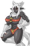  4_ears anthro big_breasts bra_ring breasts claws cleavage clothed clothing dr.bug female fur grey_fur hair long_hair mammal multi_ear muscular panties red_eyes solo underwear unknown_species 