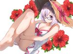  bangs banned_artist barefoot blush breasts cleavage closed_mouth commentary_request crossed_legs dress eyebrows_visible_through_hair fate/grand_order fate_(series) floral_background flower glasses hair_over_one_eye halter_dress halterneck hat hibiscus large_breasts leg_hug legs_together looking_at_viewer mash_kyrielight paseri purple-framed_eyewear purple_eyes purple_hair red_flower short_hair smile solo straw_hat sun_hat tareme white_dress 