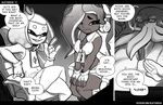  2017 beauty_mark blattarieva cephalopod cigar clevage clothing comic crossed_legs crown dialogue female fingerless_gloves gloves greyscale hair halftone_background hands_on_knees headphones humanoid inkling jacket long_hair marina_(splatoon) marine monochrome nintendo not_furry octoling octopus pattern_background pearl_(splatoon) pouting simple_background sitting smile smoking splatoon squid teeth tentacle_hair tentacles video_games 