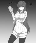  absurdres alternate_costume araki_jeccy artificial_vagina box breasts fate/grand_order fate_(series) greyscale highres holding holding_box large_breasts long_hair looking_at_viewer monochrome scathach_(fate)_(all) scathach_(fate/grand_order) shaded_face solo sweater thighhighs 