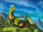  2018 claws day detailed_background digital_media_(artwork) dragon feral grass green_scales horn jackrow lying outside scales scalie sky solo spines western_dragon 