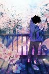  bag black_hair blazer bridge cherry_blossoms day facing_away flower jacket light_particles loafers male_focus n_y original outdoors pants pants_rolled_up petals school_uniform shadow shoes solo tree water wind wiping_face 
