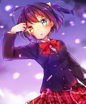  blue_eyes blush bow chuunibyou_demo_koi_ga_shitai! eyebrows_visible_through_hair hair_ribbon heterochromia hey_xander long_sleeves looking_at_viewer parted_lips plaid plaid_skirt purple_hair red_bow red_skirt ribbon short_ponytail side_ponytail skirt solo takanashi_rikka yellow_eyes yellow_ribbon 