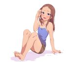  arm_support bare_legs bare_shoulders barefoot blush brown_hair collarbone commentary feet forehead full_body geregere_(lantern) idolmaster idolmaster_cinderella_girls koseki_reina long_hair open_mouth purple_eyes simple_background sitting skirt soles solo tank_top white_background 