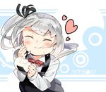  closed_eyes commentary_request eating food grey_hair hand_on_own_cheek holding holding_food kantai_collection kasumi_(kantai_collection) onigiri red_ribbon remodel_(kantai_collection) ribbon school_uniform shirt shiyoo side_ponytail silver_hair smile solo tearing_up white_shirt 