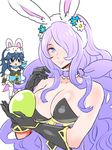  animal_ears blue_eyes blue_hair bow bowtie breasts bunny_ears bunny_girl bunny_tail bunnysuit camilla_(fire_emblem_if) chibi cleavage detached_collar fake_animal_ears fire_emblem fire_emblem:_kakusei fire_emblem_if fishnet_pantyhose fishnets gloves hair_over_one_eye large_breasts leotard long_hair looking_at_viewer lucina multiple_girls pantyhose purple_eyes purple_hair smile strapless strapless_leotard tail very_long_hair white_background wrist_cuffs 