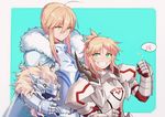  absurdres ahoge armor artoria_pendragon_(all) artoria_pendragon_(lancer) bangs blonde_hair chinese_commentary cloak closed_mouth commentary_request eyebrows_visible_through_hair fate/apocrypha fate/grand_order fate/stay_night fate_(series) fur_collar fur_trim gauntlets green_eyes grin hair_between_eyes hand_up helmet highres holding holding_helmet light_smile looking_at_another mordred_(fate) mordred_(fate)_(all) mother_and_daughter multiple_girls pauldrons ponytail sidelocks smile sparkle speech_bubble teeth translation_request yorukun 