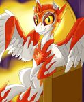  armor daybreaker_(mlp) equine feathered_wings feathers female feral fur horn mammal my_little_pony orangejuicerus smile white_feathers white_fur winged_unicorn wings yellow_eyes 