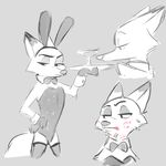  2016 absurd_res annoyed anthro bow_tie bunny_costume canine clothed clothing costume crossdressing digital_drawing_(artwork) digital_media_(artwork) disney fake_ears fake_rabbit_ears fox frown fur grey_background greyscale hand_on_hip hi_res judylavernehopps kiss_mark legwear lipstick makeup male mammal monochrome multiple_poses nick_wilde pose simple_background solo thigh_highs zootopia 