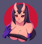  2017 5-ish black_hair black_sclera breast_squeeze breasts covered_nipples demon_girl elbow_gloves extra_eyes gloves horns large_breasts long_hair looking_at_viewer monster_girl naked_ribbon red_eyes ribbon smile 