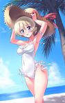  arm_garter armpits arms_up beach blonde_hair blue_eyes blush braid breasts cameltoe casual_one-piece_swimsuit cloud collarbone covered_navel covered_nipples darjeeling day girls_und_panzer hands_on_headwear hands_up hat hat_ribbon highres holding holding_hat kuzuryuu_kennosuke looking_at_viewer medium_breasts ocean one-piece_swimsuit outdoors palm_tree ribbon short_hair sky smile solo straw_hat sun_hat swimsuit thighs tree twin_braids white_swimsuit 