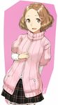  brown_eyes brown_hair commentary_request floral_print okumura_haru open_mouth pantyhose persona persona_5 pink_sweater plaid plaid_skirt poco_(backboa) shuujin_academy_uniform signature skirt solo sweater turtleneck turtleneck_sweater white_legwear 