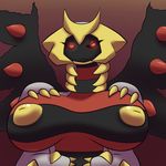  4_arms anthro big_breasts breasts claws deity digital_media_(artwork) female giratina giratina_(altered_form) huge_breasts icon inverted_nipples latiar legendary_pok&eacute;mon looking_at_viewer multi_arm multi_limb nintendo nipples pok&eacute;mon red_eyes simple_background solo video_games wings 