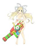  bangs bare_shoulders barefoot bikini bow breasts collarbone eyebrows_visible_through_hair front-tie_bikini front-tie_top hair_bow hair_ornament hairclip holding large_breasts long_hair low_twintails official_art senran_kagura senran_kagura_peach_beach_splash simple_background smile solo swimsuit twintails water_gun white_background white_bikini yaegashi_nan yomi_(senran_kagura) 