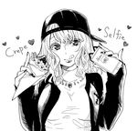  :q backwards_hat baseball_cap breasts caption close-up commentary_request crepe earrings english food greyscale hat heart highres holding holding_food holding_phone jacket jewelry looking_at_viewer medium_breasts medium_hair monochrome necklace nikaidou_kou phone shirt simple_background solo tongue tongue_out white_background 
