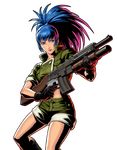  artist_request bangs blue_eyes blue_hair closed_mouth feet_out_of_frame green_jacket gun holding holding_gun holding_weapon jacket leona_heidern looking_away metal_slug metal_slug_attack metal_slug_defense official_art ponytail rifle shorts shotgun sleeves_rolled_up solo transparent_background weapon weapon_request 