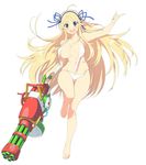  bangs bare_shoulders barefoot bikini breasts collarbone full_body green_eyes holding katsuragi_(senran_kagura) large_breasts leg_up long_hair looking_at_viewer navel official_art open_mouth senran_kagura senran_kagura_peach_beach_splash solo swimsuit water_gun white_bikini yaegashi_nan 