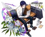  1boy bench black_eyes black_footwear black_hair black_neckwear black_pants blazer_removed flower full_body glasses long_hair luggage male_focus music necktie official_art pants paper reading sheet_music shirt shoumetsu_toshi sitting solo tenryou_sena white_background white_shirt 