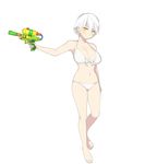  bangs bare_shoulders barefoot bikini blush front-tie_bikini front-tie_top full_body holding looking_at_viewer miyabi_(senran_kagura) navel official_art senran_kagura senran_kagura_peach_beach_splash short_hair simple_background solo standing swimsuit water_gun white_background white_bikini white_hair yaegashi_nan yellow_eyes 