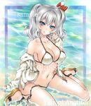  artist_name at_classics bangs bikini blue_eyes blush breasts cleavage closed_mouth covered_nipples eyebrows_visible_through_hair groin kantai_collection kashima_(kantai_collection) large_breasts long_sleeves looking_at_viewer medium_breasts navel off_shoulder sample silver_hair sitting smile solo stomach swimsuit traditional_media twintails untied untied_bikini wariza water watermark 