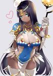  absurdres arabian_clothes arm_at_side arm_behind_back armlet bangs black_hair bracelet breasts bridal_gauntlets circlet cleavage closed_mouth covered_navel cowboy_shot curvy dark_skin dress eyebrows_visible_through_hair facial_mark fate/grand_order fate_(series) forehead_jewel gold green_eyes groin hand_up heart highres hips holding holding_staff huashengjiang impossible_clothes impossible_dress jewelry large_breasts long_hair looking_at_viewer necklace parted_bangs pelvic_curtain revealing_clothes scheherazade_(fate/grand_order) scroll shoulder_armor shoulder_pads skin_tight smile solo spaulders staff standing strapless strapless_dress thick_thighs thighhighs thighs thumb_ring white_legwear 