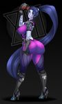  1girl armor armored_boots ass back black_boots black_gloves bodysuit boots breasts from_behind full_body gauntlets gloves helmet huge_ass large_breasts lips long_hair looking_at_viewer looking_back overwatch ponytail purple_hair purple_lips purple_skin skin_tights standing thigh_strap thighs very_long_hair widowmaker_(overwatch) xiii 