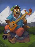  acoustic_guitar black_claws black_eyebrows black_nose black_pawpads bodi boulder brown_eyes chest_tuft claws clothing cute digitigrade dipstick_tail elbow_tufts fur guitar happy hat head_tuft k-9 male mountain multicolored_fur multicolored_tail musical_instrument open_mouth pants pawpads playing_guitar playing_music rainbow rock rock_dog sitting solo tibetan_mastiff tongue tongue_out traditional_clothes tuft tunic two_tone_fur young 