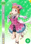  ahoge blush braids character_name circus dress lollipop love_live!_school_idol_festival love_live!_sunshine!! orange_hair red_eyes short_hair smile takami_chika wink 