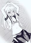  :d arms_up bangs blush bra breasts brick_wall commentary_request cowboy_shot eyebrows_visible_through_hair greyscale hand_on_hand highres long_hair looking_at_viewer monochrome navel nikaidou_kou open_clothes open_mouth open_skirt original panties partially_undressed polka_dot polka_dot_bra polka_dot_panties skirt small_breasts smile solo underwear 