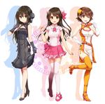  3girls adapted_costume bad_id bad_pixiv_id black_gothic_dress_(idolmaster) braid brown_eyes brown_hair bun_cover china_dress chinese_clothes commentary_request double_bun dress gloves green_eyes hair_bun highres honda_mio idolmaster idolmaster_cinderella_girls long_hair looking_at_viewer multiple_girls new_generations_(idolmaster) one_side_up open_mouth paopao pelvic_curtain pink_check_school_(idolmaster) shibuya_rin shimamura_uzuki short_hair side_slit single_braid smile sunset_nostalgie_(idolmaster) 