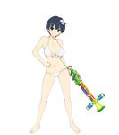  ass_visible_through_thighs bangs bare_shoulders barefoot bikini blue_hair breasts brown_eyes flower front-tie_bikini front-tie_top full_body hair_flower hair_ornament hand_on_hip holding navel official_art open_mouth senran_kagura senran_kagura_peach_beach_splash short_hair simple_background solo standing swimsuit underboob water_gun white_background white_bikini yaegashi_nan yozakura_(senran_kagura) 