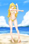  abs ahoge alfred_cullado ass_visible_through_thighs bikini blonde_hair blue_skirt blush breasts cleavage cloud day full_body groin highres hips large_breasts legs long_hair long_legs mismatched_bikini navel ocean patreon_logo purple_eyes rwby sand side-tie_bikini side-tie_bottom skindentation skirt smile solo stretch swimsuit thighs underboob water watermark web_address white_bikini_top yang_xiao_long yellow_bikini_bottom 