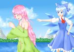  absurdres bangs blue_bow blue_dress blue_eyes blue_hair blue_sky bow cirno closed_eyes cloud collared_shirt cross day dress eyebrows eyebrows_visible_through_hair frilled_bow frilled_dress frilled_sleeves frills gameplay_mechanics hair_bow highres ice ice_wings liebea_palesch long_hair multiple_girls open_mouth outdoors pink_hair puffy_short_sleeves puffy_sleeves red_ribbon ribbon rosenkreuzstilette shirt short_hair short_sleeves sky touhou weather-man wide_sleeves wings 