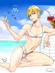  beach bendy_straw bikini blonde_hair bulge cloud crab crossdressing cup day drinking_straw earrings fate/grand_order fate_(series) flower food fruit gilgamesh gilgamesh_(caster)_(fate) jewelry navel_piercing ocean outdoors piercing red_eyes sea_cucumber sky swimsuit tropical_drink white_bikini zuwai_kani 