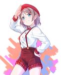  alternate_costume beret blue_eyes bow bowtie collared_shirt eyebrows_visible_through_hair grey_hair hand_on_hip hat kanabun long_sleeves love_live! love_live!_sunshine!! plaid red_hat red_neckwear red_shorts salute shirt short_hair shorts silver_hair simple_background smile solo suspender_shorts suspenders watanabe_you white_shirt 