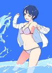  ahoge bikini blue_hair hi_iro highres hood hoodie off_shoulder one_eye_closed original red_eyes short_hair simple_background solo splashing swimsuit wading water 