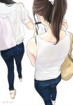  ama_mitsuki ass bag black_bra black_hair bra bra_through_clothes brown_hair cellphone dated denim fingernails foreshortening from_above from_behind hair_over_shoulder head_out_of_frame jeans long_fingernails multiple_girls original pants phone platform_footwear ponytail sandals see-through short_sleeves shoulder_bag simple_background smartphone tank_top underwear walking white_background 