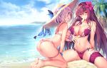  arm_at_side artist_name ass ass_visible_through_thighs bangs beach big_hair bikini bikini_pull blue_sky blush breasts cleavage cloud cloudy_sky collarbone commentary_request day dot_nose eyebrows_visible_through_hair fate/grand_order fate_(series) flipped_hair flower food food_in_mouth food_on_body from_behind hair_between_eyes hair_flower hair_intakes hair_ornament hair_over_one_eye hand_on_thigh hat hibiscus highres kneeling large_breasts leg_garter long_hair looking_at_viewer looking_back mash_kyrielight mouth_hold multi-strapped_bikini multiple_girls navel obiwan ocean on_ground open_mouth outdoors palm_tree pink_bikini pink_hair popsicle purple_eyes purple_hair sand scathach_(fate)_(all) scathach_(swimsuit_assassin)_(fate) short_hair sideboob sitting skindentation sky spread_legs string_bikini sun_hat swimsuit thigh_strap tree twitter_username very_long_hair water 