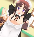 apron blush breasts brown_hair cleavage collarbone cowboy_shot detached_collar detached_sleeves hagino_chiaki hair_between_eyes hair_ornament happy hinako_note indoors large_breasts looking_at_viewer maid maid_headdress open_mouth puffy_short_sleeves puffy_sleeves purple_eyes reta_su_gohan shiny shiny_hair shiny_skin short_hair short_sleeves sideboob smile solo wrist_cuffs x_hair_ornament 