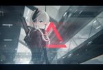  absurdres assault_rifle bangs blurry closed_mouth commentary depth_of_field eyebrows_visible_through_hair from_side girls_frontline grey_hair gun hair_between_eyes headgear highres hood hooded_jacket jacket lens_flare letterboxed light_smile long_hair looking_at_viewer m4_carbine m4_sopmod_ii m4_sopmod_ii_(girls_frontline) mienthoa multicolored_hair purple_eyes purple_hair rifle solo streaked_hair upper_body weapon 