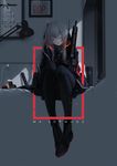 absurdres assault_rifle bangs black_legwear cellphone character_name closed_eyes commentary fangs girls_frontline grey_hair gun highres holding holding_gun holding_weapon indoors iphone jacket lamp legs_together long_hair m4_carbine m4_sopmod_ii m4_sopmod_ii_(girls_frontline) mienthoa military military_uniform multicolored_hair night on_bed open_mouth pantyhose phone poster_(object) purple_hair rifle sidelocks sitting sleeping smartphone solo streaked_hair uniform weapon window 