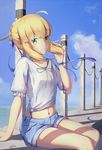  ahoge alternate_costume arm_support artist_name artoria_pendragon_(all) blonde_hair blue_ribbon blue_shorts braid chain cloud commentary_request day denim denim_shorts fate/stay_night fate_(series) french_braid midriff navel railing ribbon saber shadow short_shorts shorts sitting smile solo thighs water yeh_(354162698) 