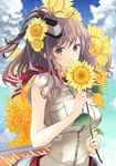  alternate_eye_color breast_pocket brown_eyes brown_hair buttons cloud cloudy_sky day dress flower holding holding_flower kantai_collection konataeru long_hair pocket ponytail saratoga_(kantai_collection) short_sleeves sky smile solo white_dress yellow_flower 