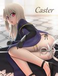  ass between_legs black_gloves black_panties cape caster caster_(cosplay) choker commentary_request cosplay dress elbow_gloves fate/kaleid_liner_prisma_illya fate/stay_night fate_(series) from_behind gloves high_heels highres illyasviel_von_einzbern long_hair looking_at_viewer looking_back lying on_side open_mouth panties red_eyes side-tie_panties siraha solo staff thigh_strap tile_floor tiles underwear white_hair 