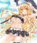  :d arm_up artist_name at_classics bangs belt black_skirt blonde_hair blush bow breasts covered_nipples cowboy_shot eyebrows_visible_through_hair hair_between_eyes hair_bow hand_on_headwear holding kirisame_marisa large_breasts long_hair looking_at_viewer microskirt midriff navel open_mouth panties parasol pleated_skirt race_queen sample sidelocks single_thighhigh skirt smile solo star stomach thighhighs touhou traditional_media umbrella underwear very_long_hair watermark wavy_hair white_bow white_panties wrist_cuffs yellow_eyes 