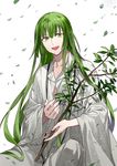  androgynous bangs enkidu_(fate/strange_fake) fate/strange_fake fate_(series) green_eyes green_hair hair_between_eyes highres kazari_tayu leaf light_particles long_hair looking_at_viewer male_focus open_mouth ribbon robe simple_background sitting smile solo tree_branch very_long_hair white_background white_robe wind 